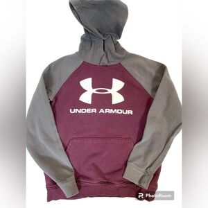 Boys Gray and Plum Under Armour Hooded Sweatshirt Sz YMed